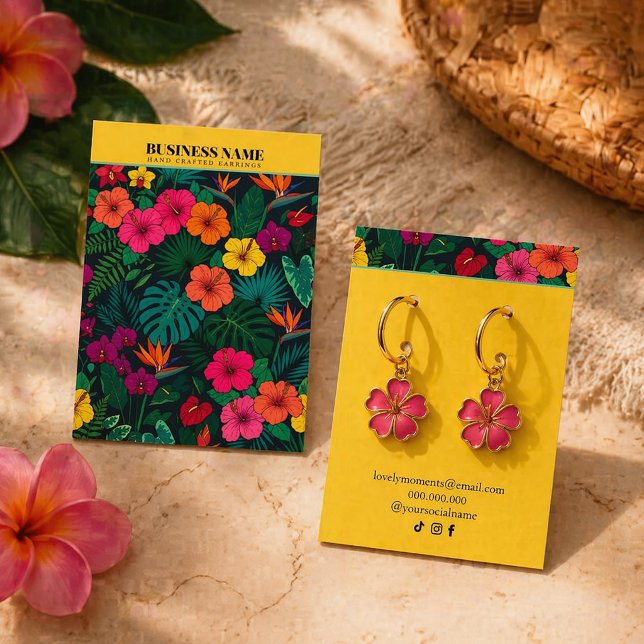 Cartão De Visita Tropical Floral Jewelry |Elegant Yellow Background (#jewelrydisplay #earringsdisplay #businesscarddesign #tropicaldesign #floraldesign #mockupdesign )