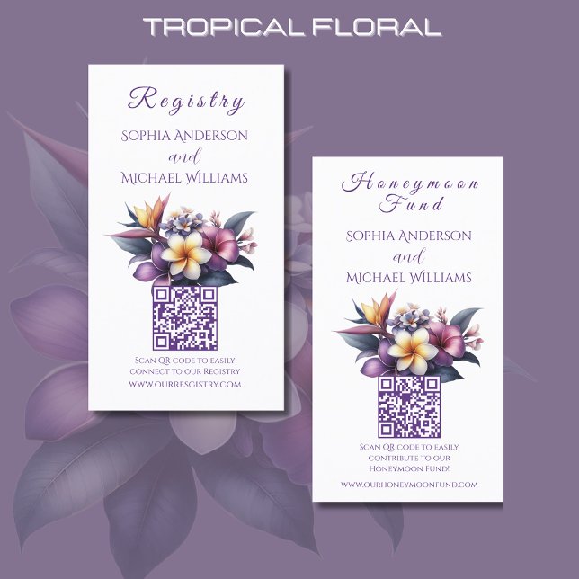 Cartão De Visita Tropical Floral - Registro-lua de mel (Tropical Floral Registry and Honeymoon Fund Card-Beach Wedding-Coastal-Purple)