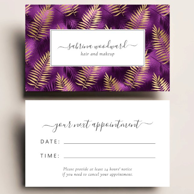 Cartão De Visita Tropical Purple Gold Foliage Pattern Appointment (Criador carregado)