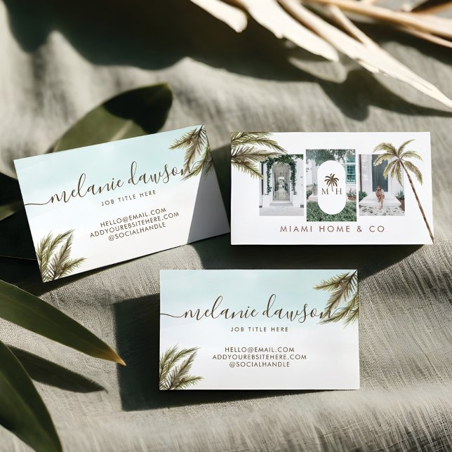 Cartão De Visita Tropical Watercolor Palm Trees Boho Foto (Tropical Watercolor Palm Trees Boho Photo Business Card)