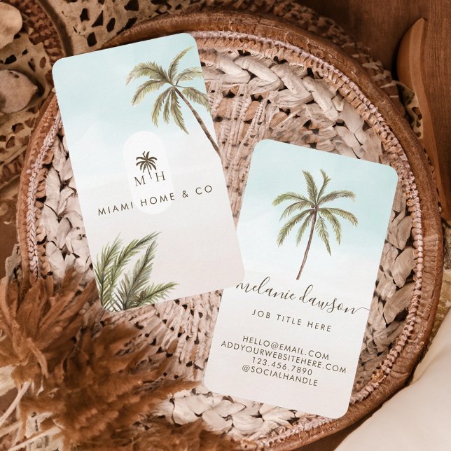 Cartão De Visita Tropical Watercolor Palm Trees Boho Monograma (Tropical Watercolor Palm Trees Boho Monogram Business Card)