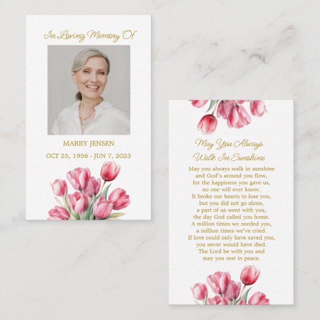 Cartão De Visita Tulip Memorial Photo Funeral Prayer Card (Frente/Verso)