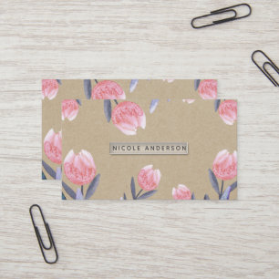 Cartão De Visita Tulipas de Aquarela de Água de Pêssego Kraft Rústi