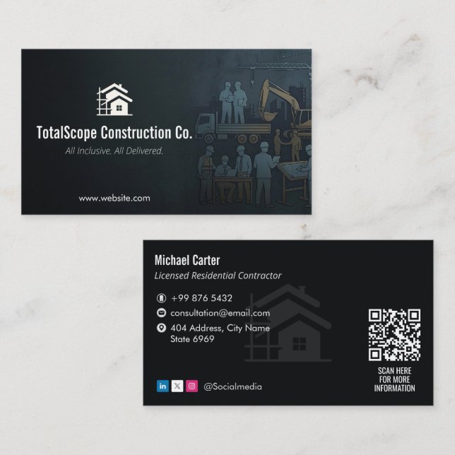 Cartão De Visita Turnkey Construction Services | Minimalist Black (Frente/Verso)
