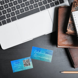 Cartão De Visita Turquesa de efeito mármore simples e código QR azu