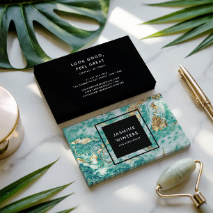 Cartão De Visita Turquesa de folha de ouro marmoreado aquarela eleg