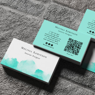 Cartão De Visita Turquesa e Branco Código QR Abstrato Chic Aguarela