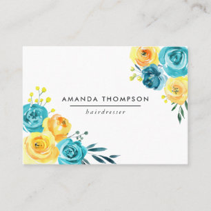 Cartão De Visita Turquesa e Floral de Aquarela Amarela