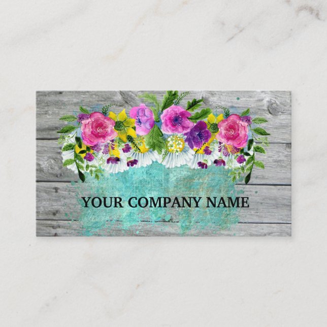 Cartão De Visita Turquesa Floral de Madeira Na moda moderna Turques (Frente)