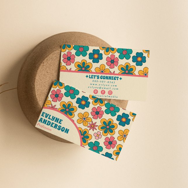 Cartão De Visita Turquesa Rosa-Rosa Groovy Floral Boho Girly (Criador carregado)