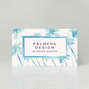 Cartão De Visita Turquesa Tropical Blue Watercolor Árvores