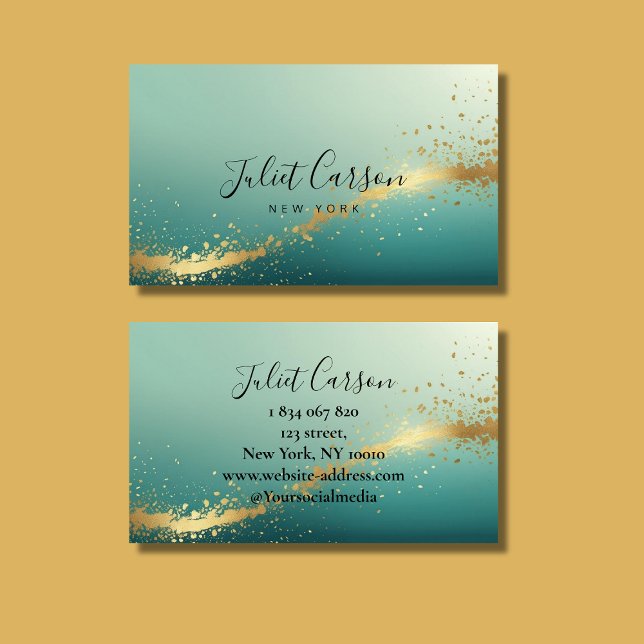 Cartão De Visita Turquoise Teal Gold Script (Criador carregado)