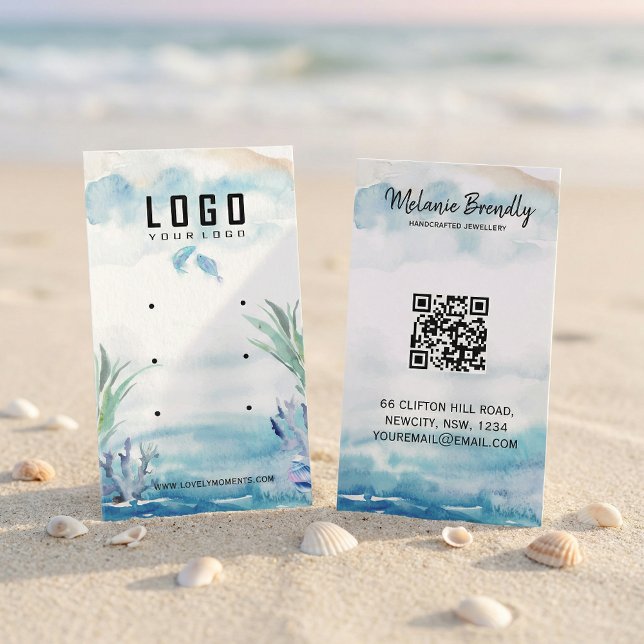 Cartão De Visita Two Less Fish in The Sea Summer Earring Display (#WatercolorDesign
#JewelryBranding
#SmallBusinessBrand
#ElegantBusinessCard
#HandmadeBrand
#Minimal)