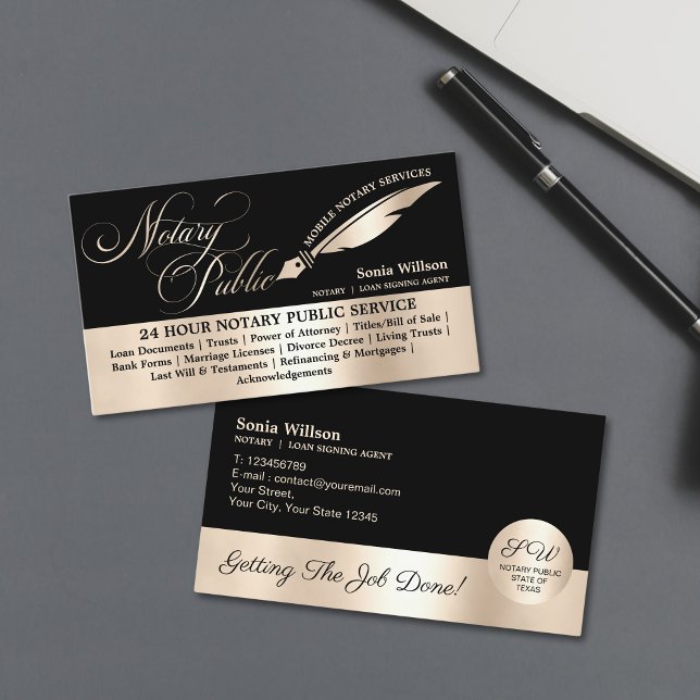 Cartão De Visita Typografia Mobile Notary & Loan Signal Agent Law (notary public typography with feather pen, gold foil)