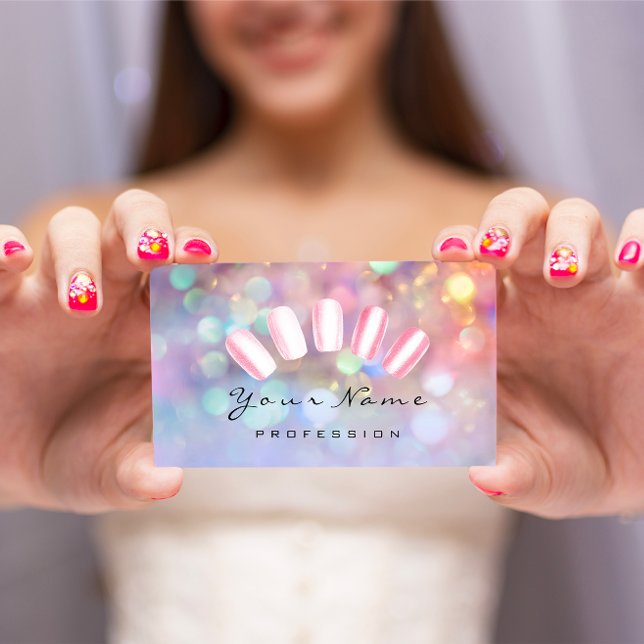 Cartão De Visita Unhas Artista Rosa Uau Manicure Pedicure Hológrafo (Nails Artist Pink Wow Manicure Pedicure Holograph Business Card)