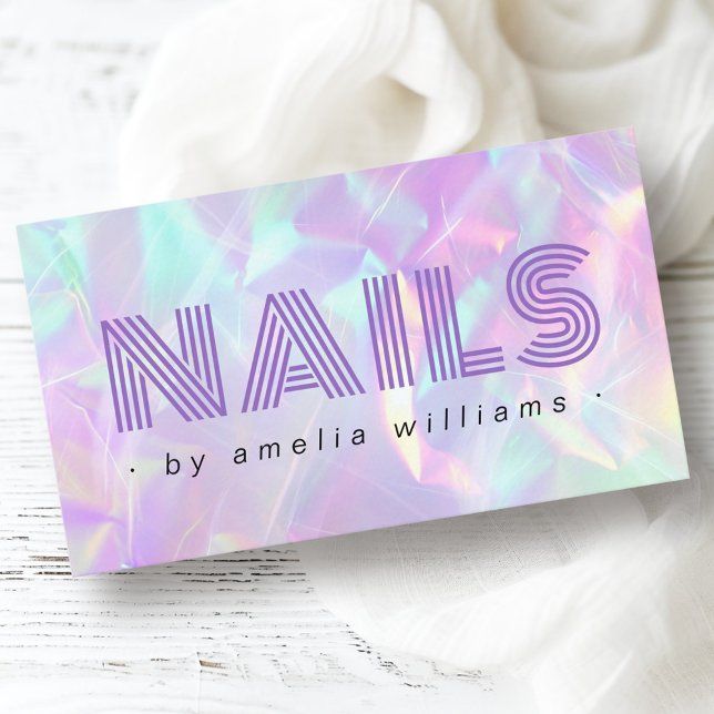 Cartão De Visita Unhas de cores holográficas holográficas do arco-í (Nails purple holographic pastel rainbow colors business card)