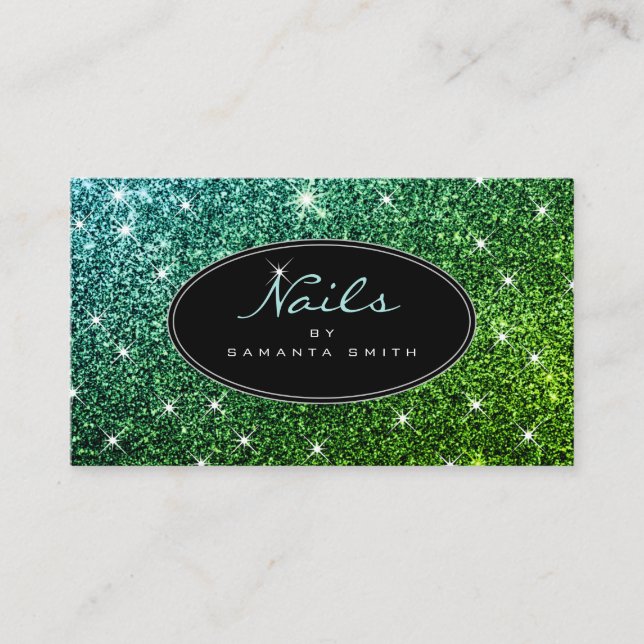 Cartão De Visita Unhas de Estrelas Luminosas de Gradiente Verde Tea (Frente)