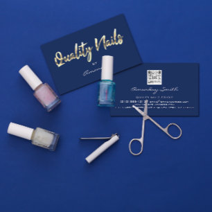 Cartão De Visita Unhas Script QR Code Logotipo Azul Marinho Dourado