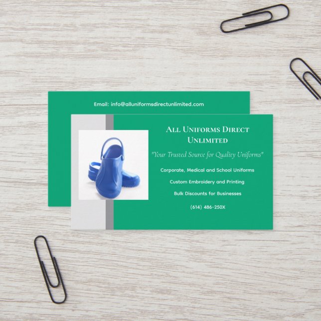 Cartão De Visita Uniforme de Clogs Médicos Azuis da Cinza Verde (Frente/Verso In Situ)