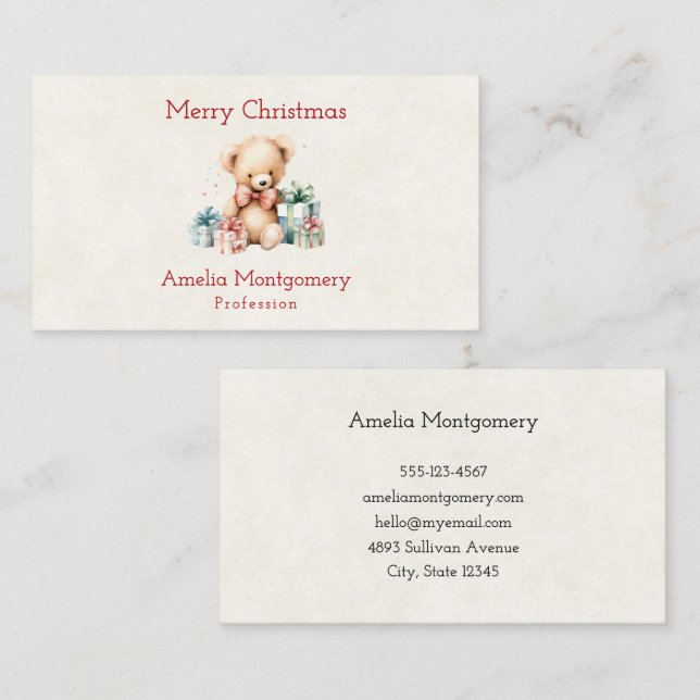 Cartão De Visita Urso de Teddy Bonito com Presentes de Natal (Frente/Verso)
