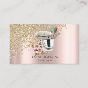 Cartão De Visita Vassoura Floral Diamantes Dourados Rosa