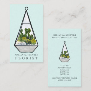 Cartão De Visita Verde aquarela cactus terrarium florista azul
