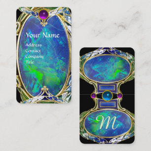 CARTÃO DE VISITA VERDE AZUL OPAL, ART NOUVEAU DOURADO JEWEL MONOGRA
