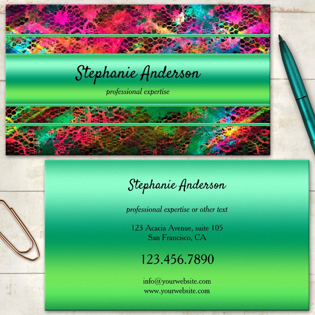 Cartão de visita Verde Colorida Neon Brilhante (A colorful business card featuring an eye catching neon abstract design with green stripes)