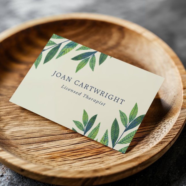 Cartão De Visita Verde-de-casca-verde deixa uma terapêutica azul-cl (Criador carregado)