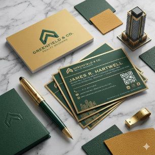Cartão de Visita Verde Dourado de Agente de Imóvei