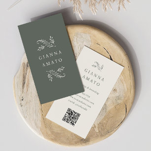 Cartão De Visita Verde Elegante e Código QR Botânico de Creme Verti