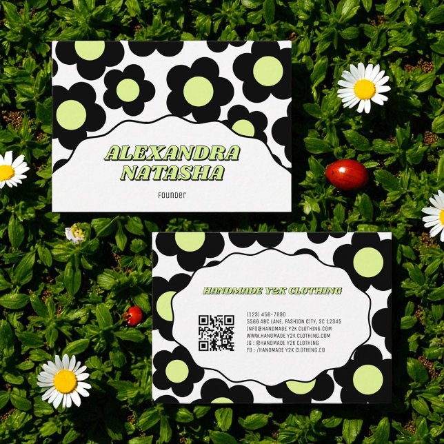 Cartão De Visita Verde limão Preto - Vestuário do Ventilador Y2K (Black Lime Green Y2K Flower Handmade Clothing Business Card)