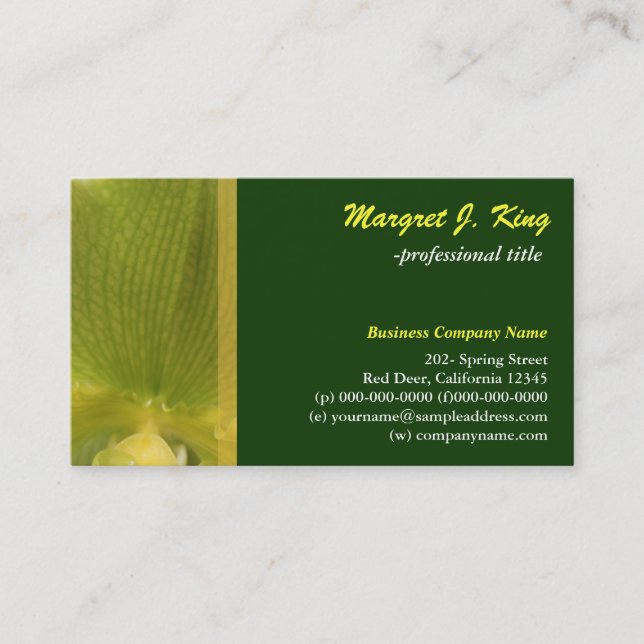 Cartão de visita verde pétala de flor de orquídea. (Frente)