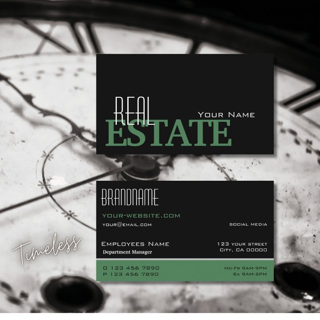 Cartão De Visita Verde Preto Moderno Branco Simples e Profissional (Criador carregado)