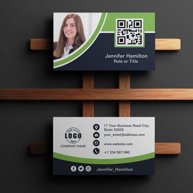 Cartão De Visita Verde profissional adicione a sua foto de código Q (Criador carregado)