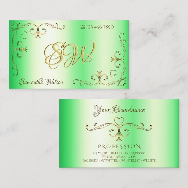 Cartão De Visita Verde Shimmery com Douradas Iniciais de Cantos de  (Frente/Verso)