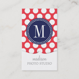 Cartão De Visita Vermelho & bolinhas grandes de Navy Monogrammed