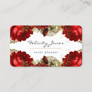 Cartão De Visita Vermelho Borgonha e Floral Vintage Dourado