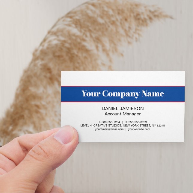 Cartão De Visita Vermelho, Branco e Azul Modernos, Simples, Profess (Horizontal Business Card with bold company title in red white and blue)