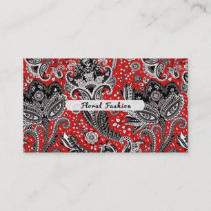 Cartão De Visita Vermelho Preto e Branco Floral Paisley Boêmio Boho