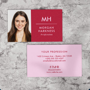 Cartão De Visita Vermelho Rosa Minimalista de Duas-Tonas Foto & Mon