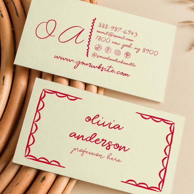 Cartão De Visita Vermelhos Amarelo Desenho Manuscrito Quirky Girly (Criador carregado)