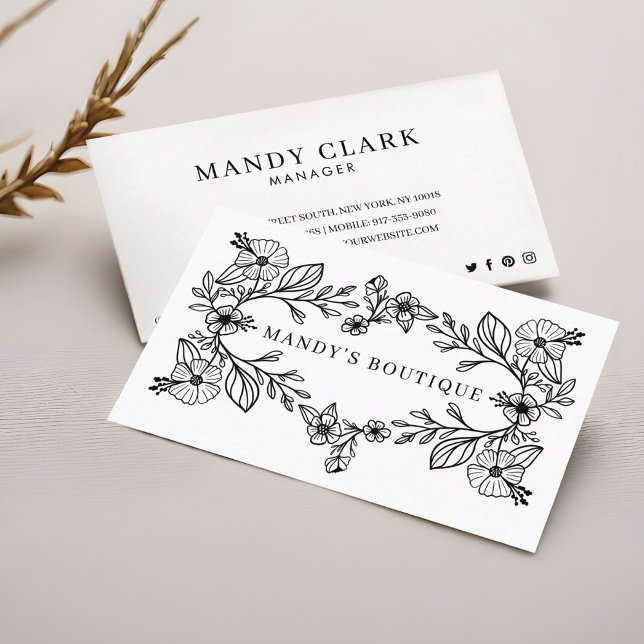 Cartão De Visita Verruga Floral Botânica Chic Black & White (Chic Black & White Floral Botanical Floral Wreath Business Card)
