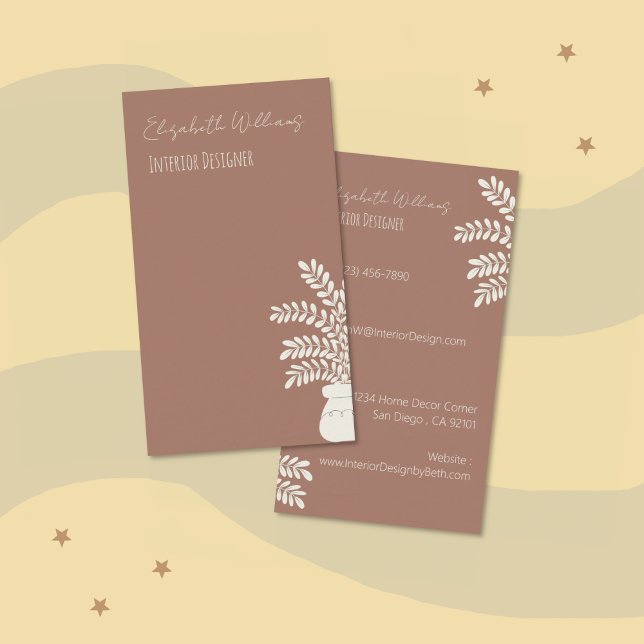 Cartão de visita Vertical do Mocha Designer Interi (Interior designer botanical mocha brown vertical business card)