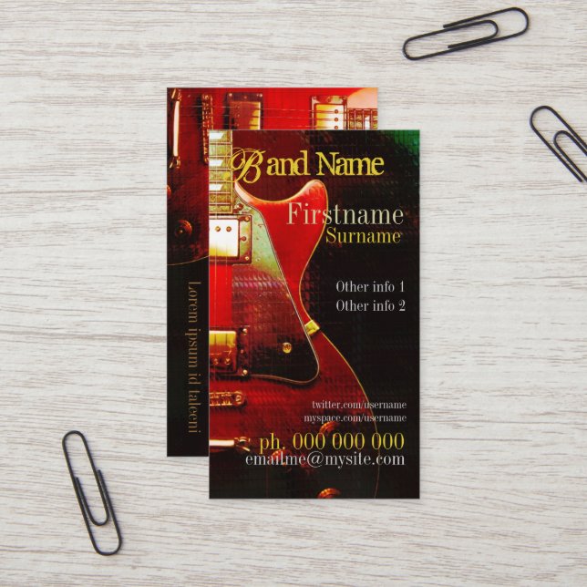 CARTÃO DE VISITA Vertical "GrungeRed" GUITAR (Frente/Verso In Situ)