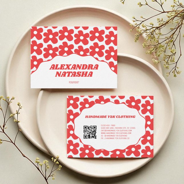 Cartão De Visita Vestuário de Flor Y2K Branco Vermelho (Red White Y2K Flower Handmade Clothing Business Card)