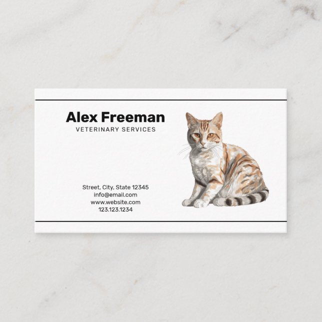 Cartão De Visita Veterinário de Ilustração de Gato de Texto Preto S (Frente)