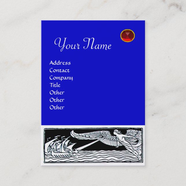 Cartão De Visita VIAGEM ANTIQUE, MONOGRAMA RUBY, azul vermelho (Frente)