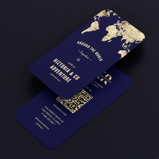 Cartão De Visita Viagem do Mapa Mundial Planejador Azul Escuro Mode (World Map Travel Planner Dark Blue Gold Modern Business Card
)