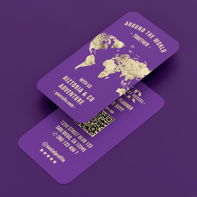 Cartão De Visita Viagem Planner Moderno Mapa do Mundo Roxo Real (Travel Planner Modern World Map Royal Purple Business Card
)